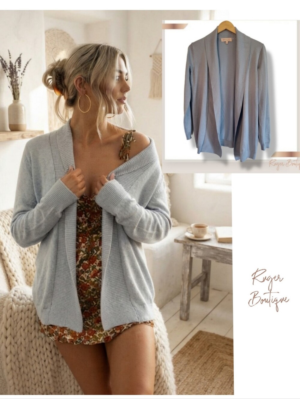 🌿Philosophy Blue Gray Shawl Collar Knit Cardigan Size XL Open Front